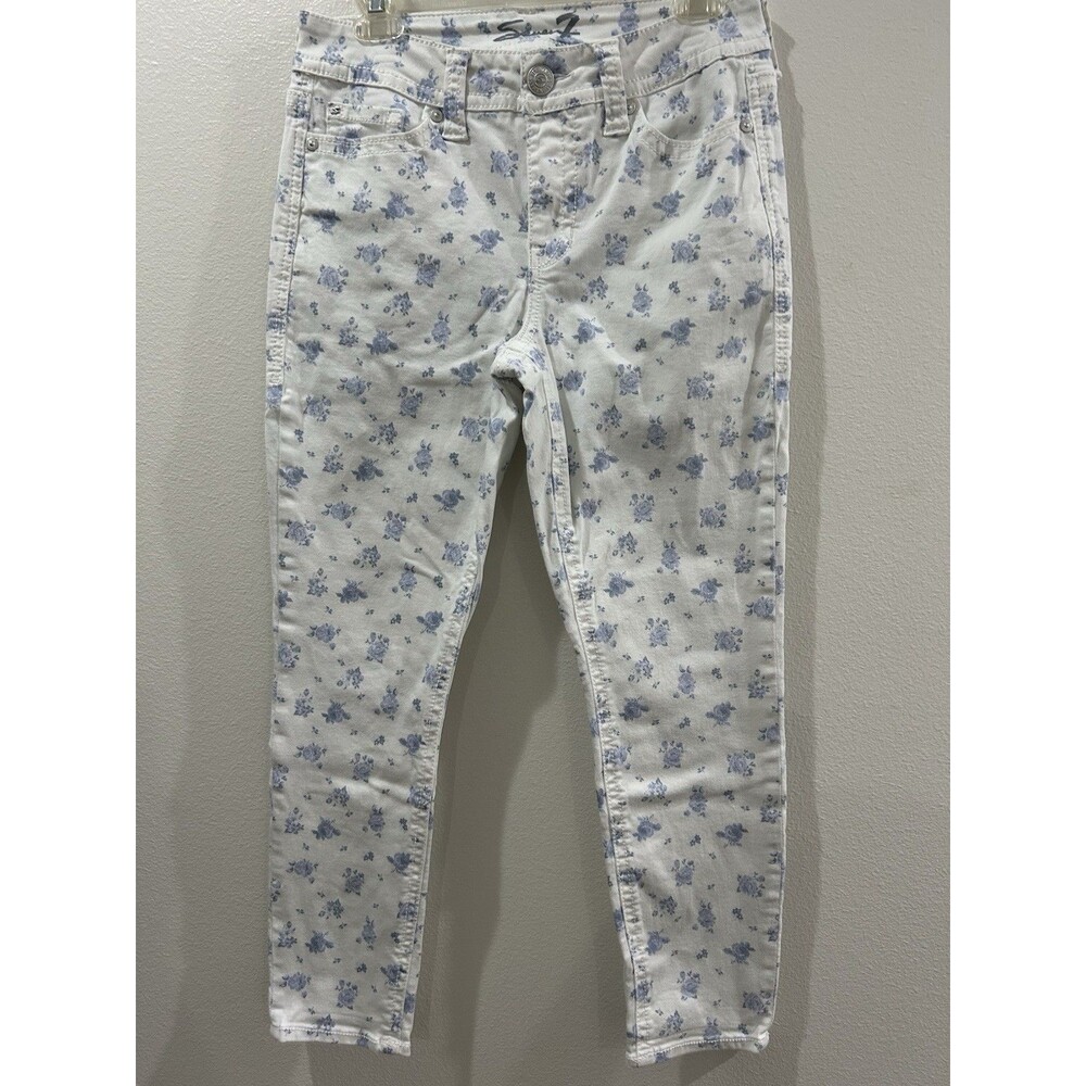 New Seven 7 Jeans Womens Size 8 White Crop Straight Leg Blue Floral Print